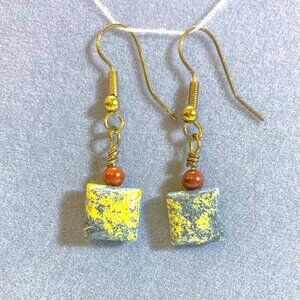 Green Square Earrings with Red Bead